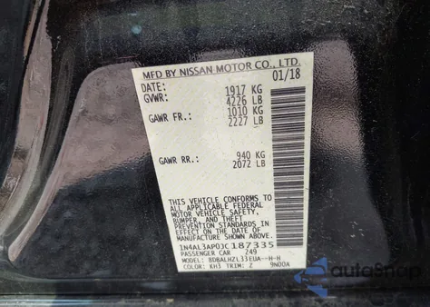 2018 Nissan Altima 2.5 Sr из США, поврежденный, VIN 1N4AL3AP0JC187335